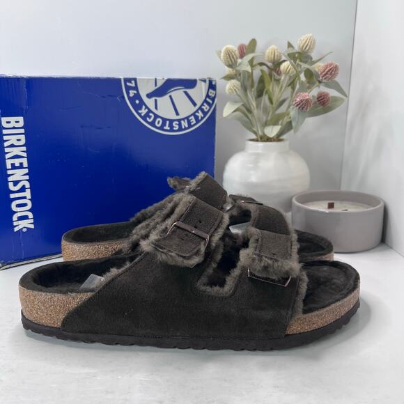 Birkenstock Arizona Suede Shearling Lined Slide Mocca Men 13/EU46 Regular Fit - Picture 1 of 10